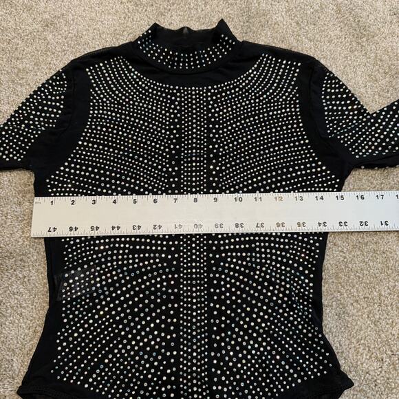 new small sheer mesh all over rhinestone mock neck bodysuit TLS2 2257 - Picture 2 of 11